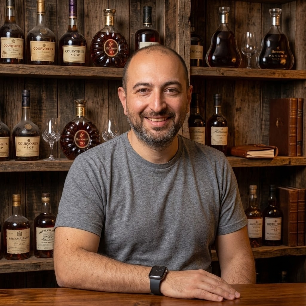 Alexandru Harabagiu, founder of Costa Tasting Protocol, seated in front of a wall of cognac bottles