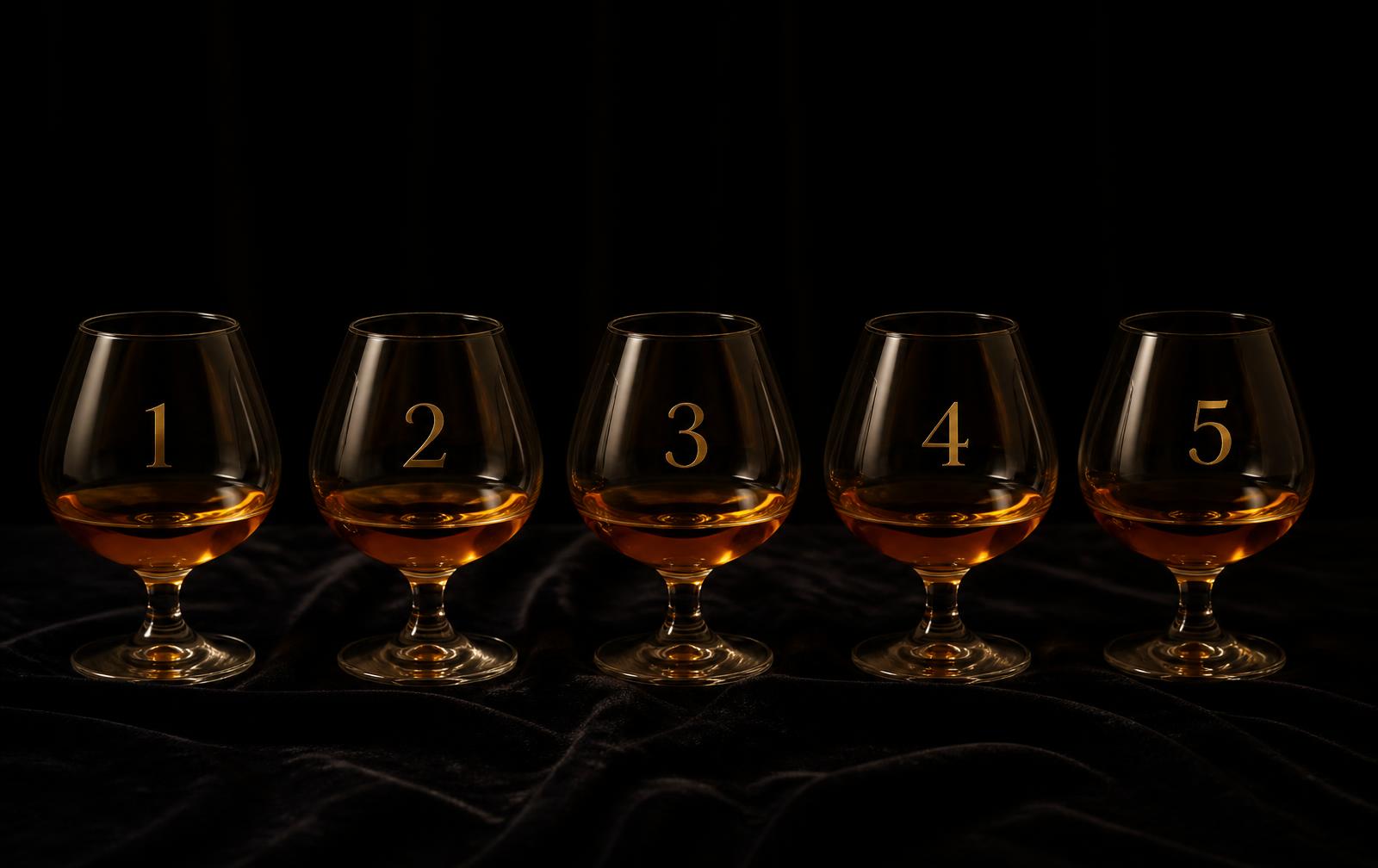 Five numbered blind tasting glasses of cognac on black velvet